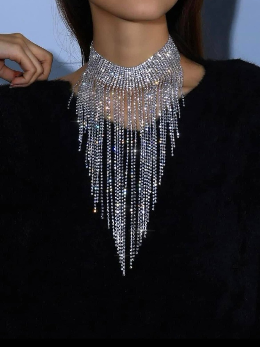 Silver Fringe Crystal Choker Necklace - Women Jewelry